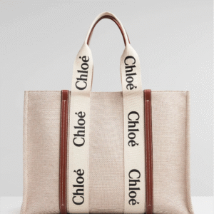 “WOODY”リボン付きコットンキャンバス&シャイニーカーフスキン製“WOODY”ミディアムトートバッグ